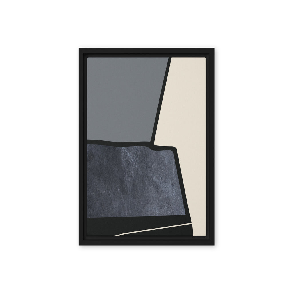 FORM 10 framed abstract canvas print, black frame, 12×18 in — torn black edge dividing slate-gray, cream, and scratched slate-blue | ACAYA Studio FORM Series