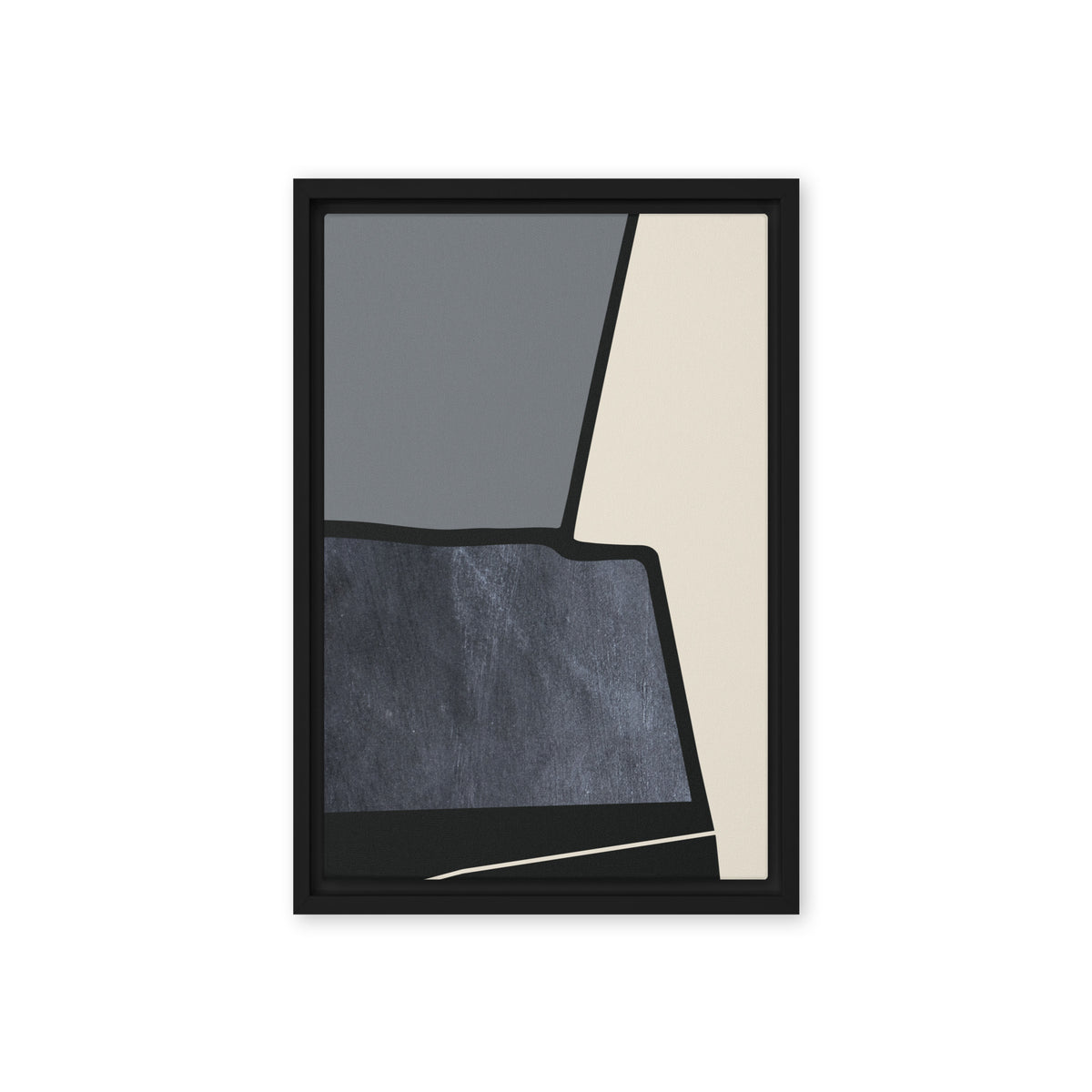 FORM 10 framed abstract canvas print, black frame, 12×18 in — torn black edge dividing slate-gray, cream, and scratched slate-blue | ACAYA Studio FORM Series
