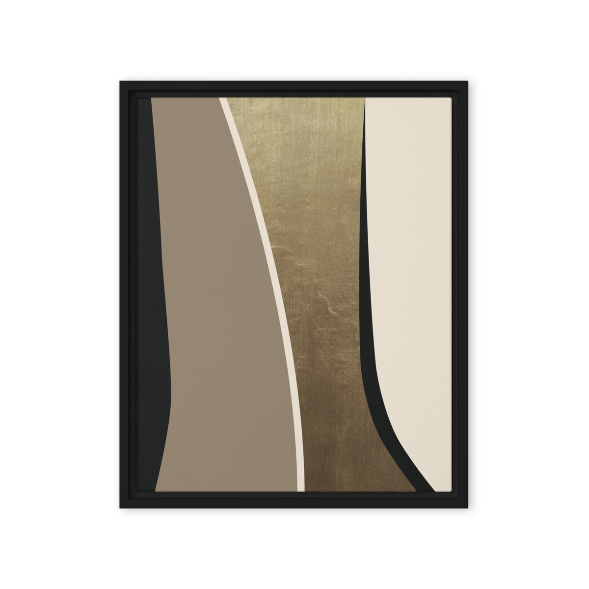 FORM 08 framed abstract canvas print, black frame, 16×20 in — black and taupe bands parting around a metallic gold channel | ACAYA Studio FORM Series