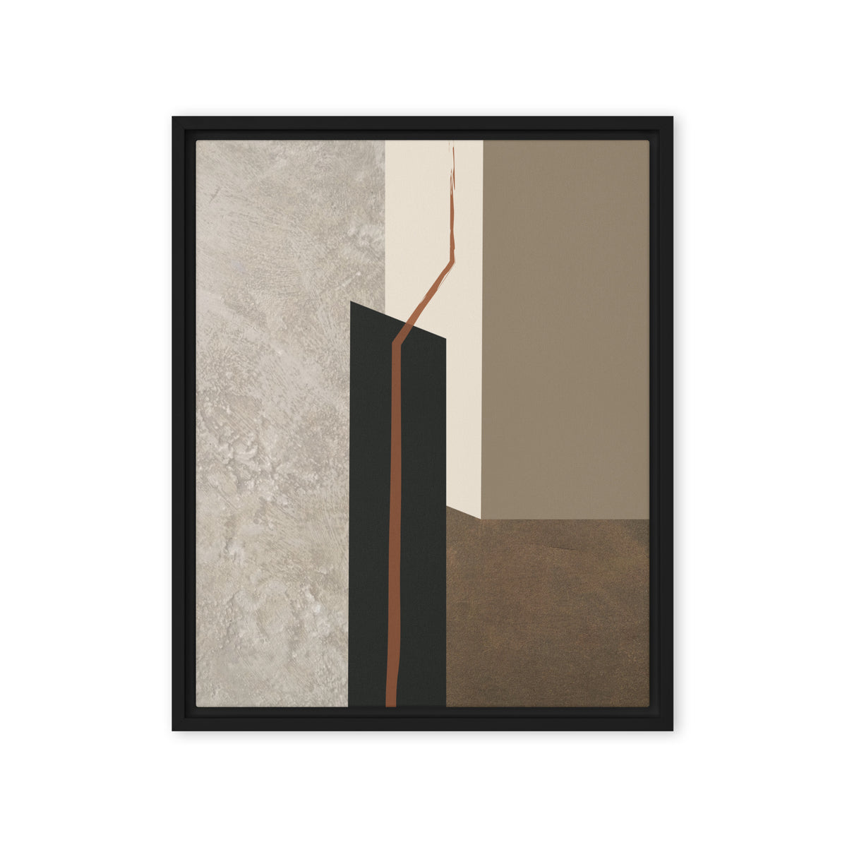 FORM 09 framed abstract canvas print, black frame, 16×20 in — rust-orange fault line through black, cream, taupe, and metallic bronze | ACAYA Studio FORM Series
