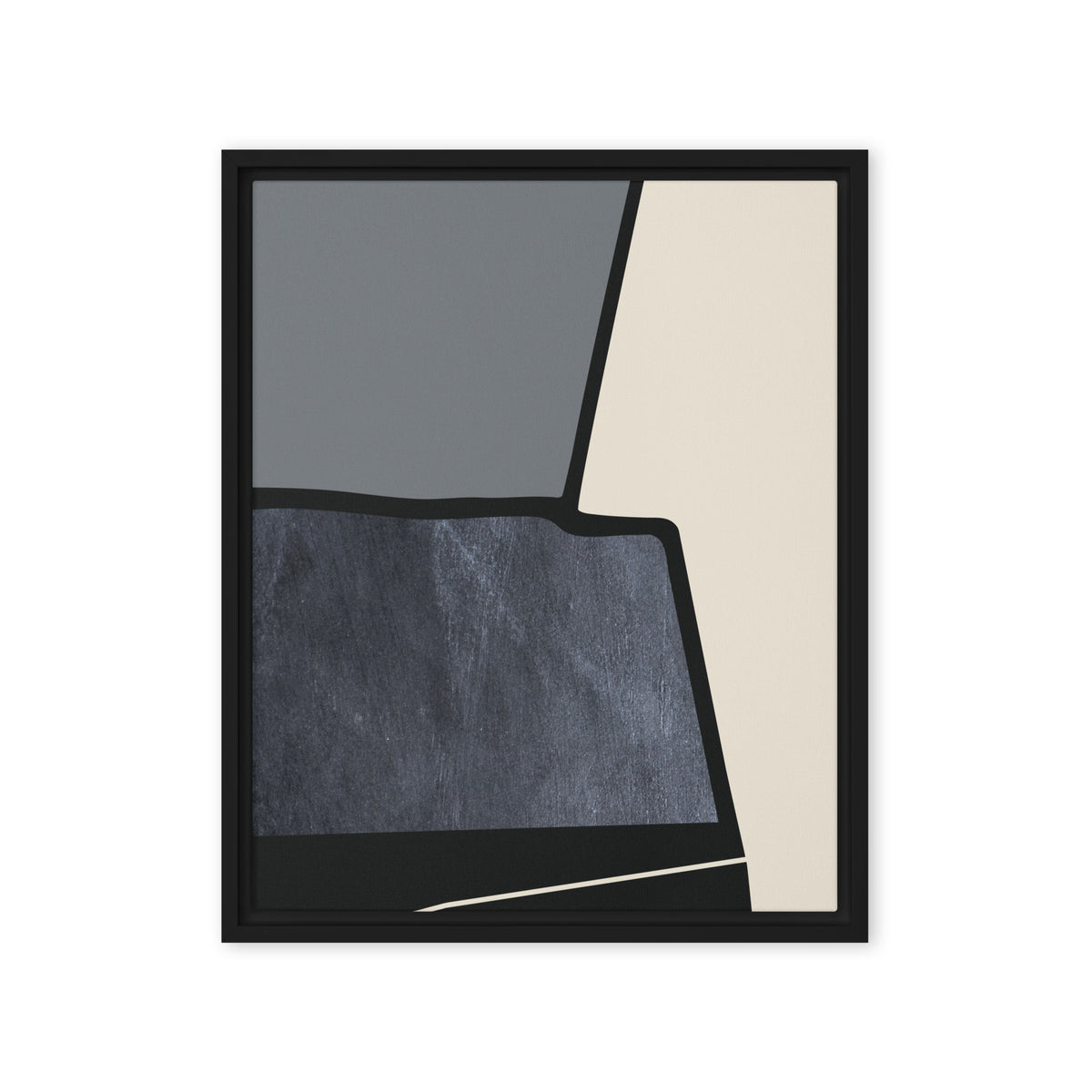 FORM 10 framed abstract canvas print, black frame, 16×20 in — torn black edge dividing slate-gray, cream, and scratched slate-blue | ACAYA Studio FORM Series