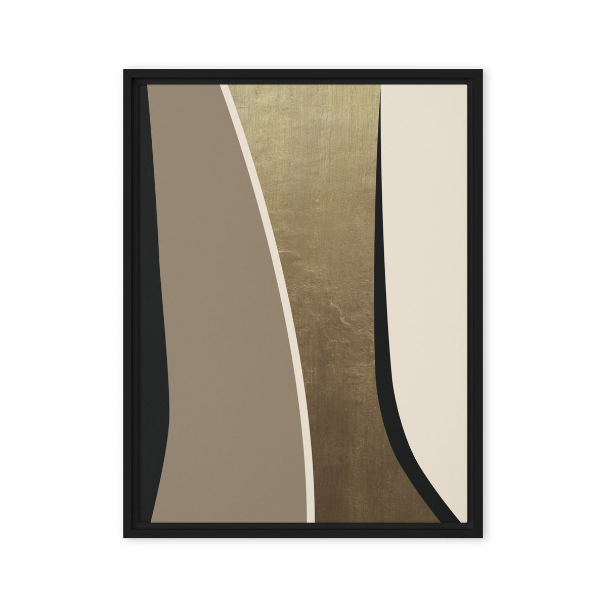 FORM 08 framed abstract canvas print, black frame, 18×24 in — black and taupe bands parting around a metallic gold channel | ACAYA Studio FORM Series