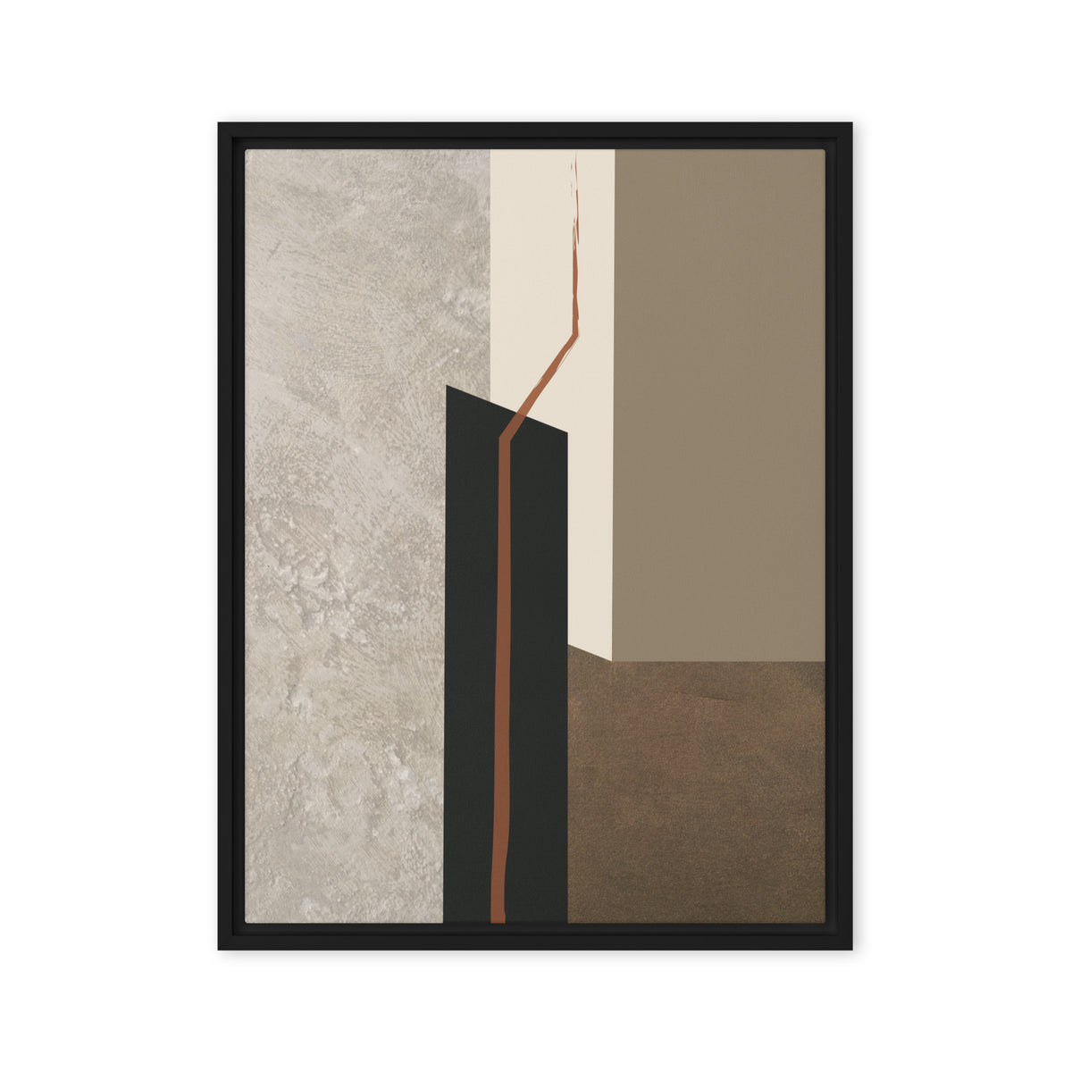 FORM 09 framed abstract canvas print, black frame, 18×24 in — rust-orange fault line through black, cream, taupe, and metallic bronze | ACAYA Studio FORM Series