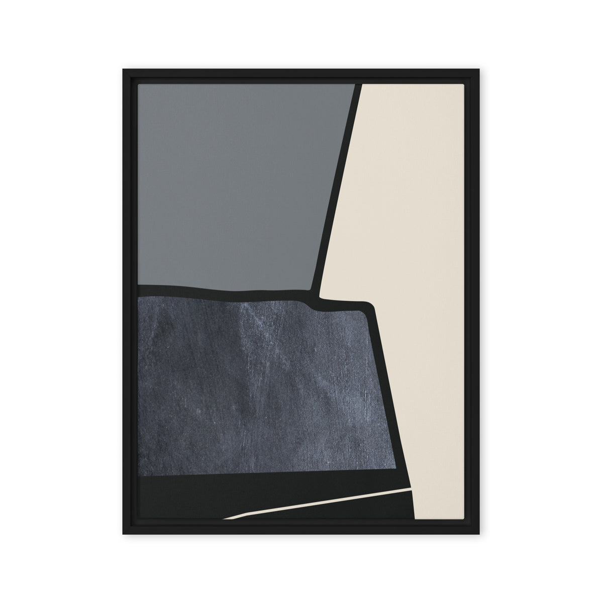 FORM 10 framed abstract canvas print, black frame, 18×24 in — torn black edge dividing slate-gray, cream, and scratched slate-blue | ACAYA Studio FORM Series