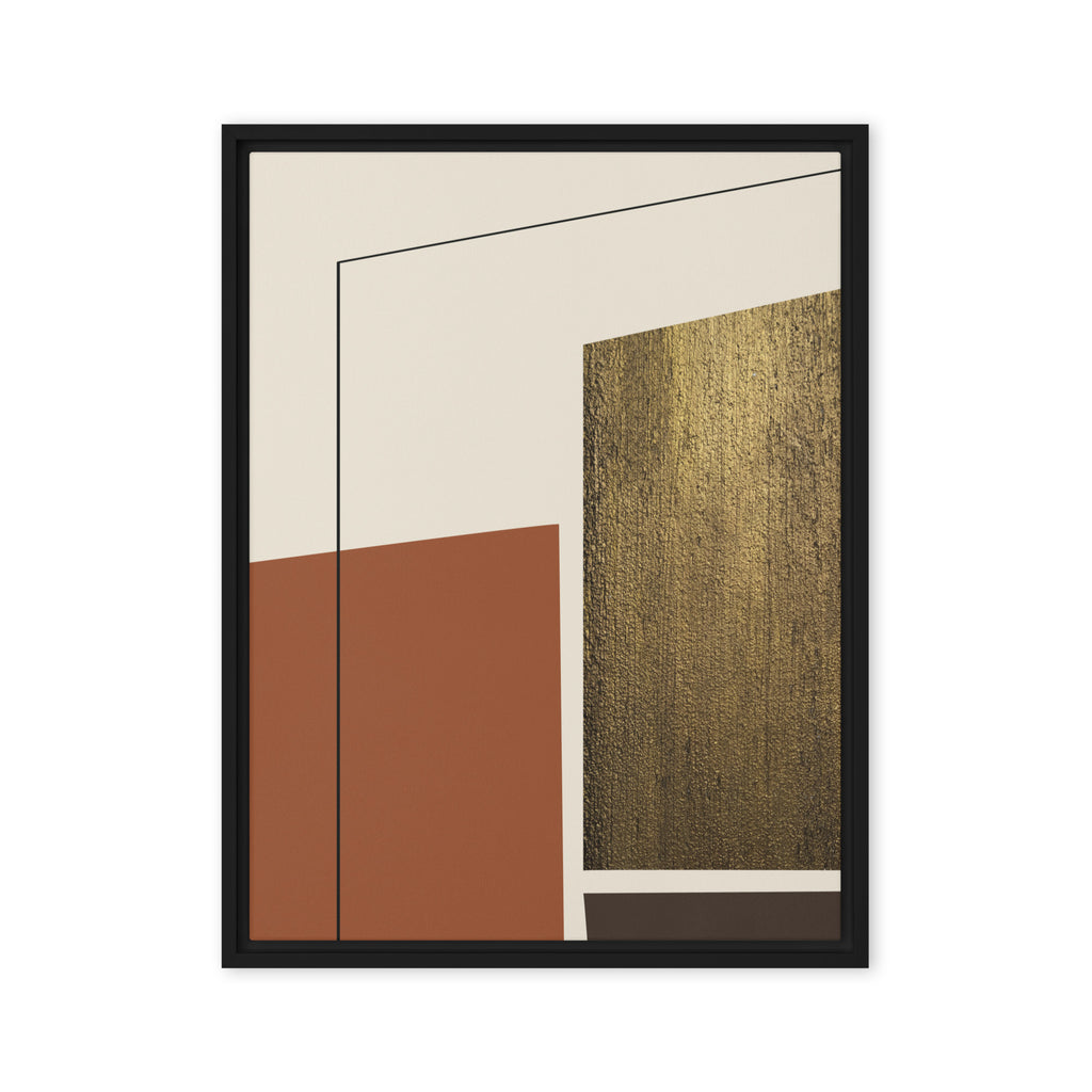 FORM 11 framed abstract canvas print, black frame, 18×24 in — hand-drawn architectural line over terracotta and brushed gold | ACAYA Studio FORM Series