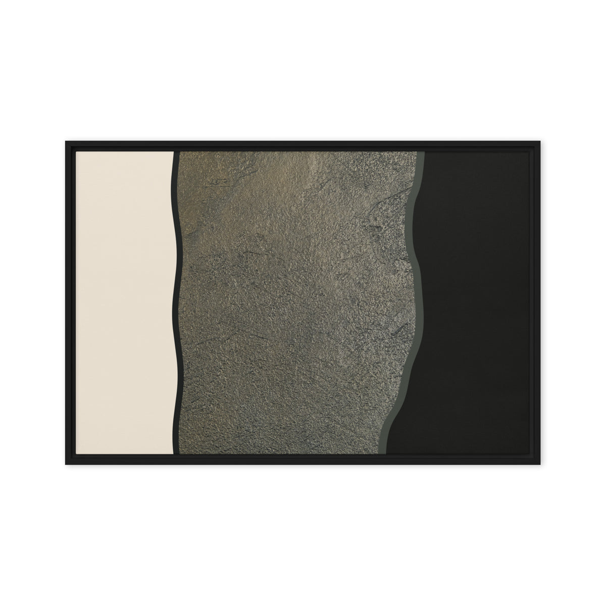 FORM 02 framed abstract canvas print, black frame, 20×30 in — silver and gold metallic band across cream and black | ACAYA Studio FORM Series