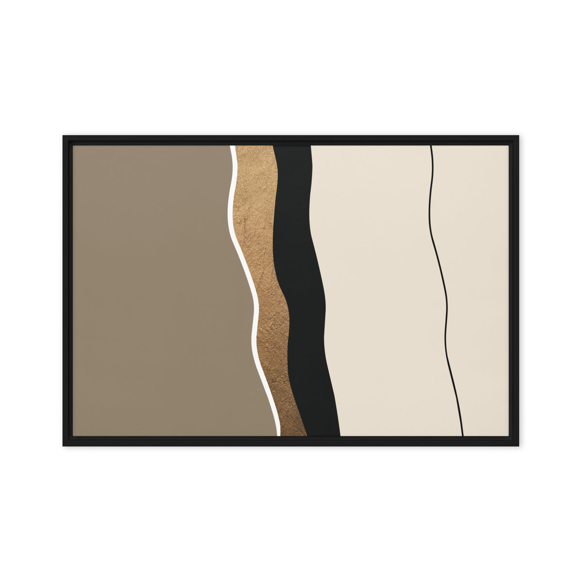 FORM 05 framed abstract canvas print, black frame, 20×30 in — a hand-worked metallic gold seam through taupe and black | ACAYA Studio FORM Series