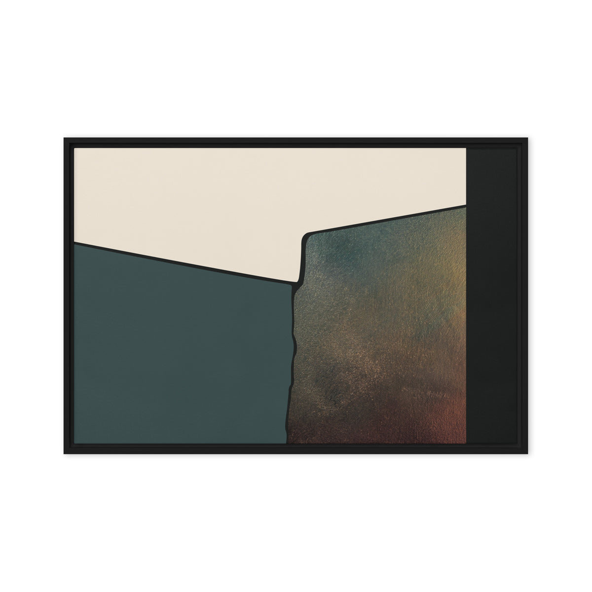 FORM 06 framed abstract canvas print, black frame, 20×30 in — forest green meeting a warm metallic gold reveal | ACAYA Studio FORM Series