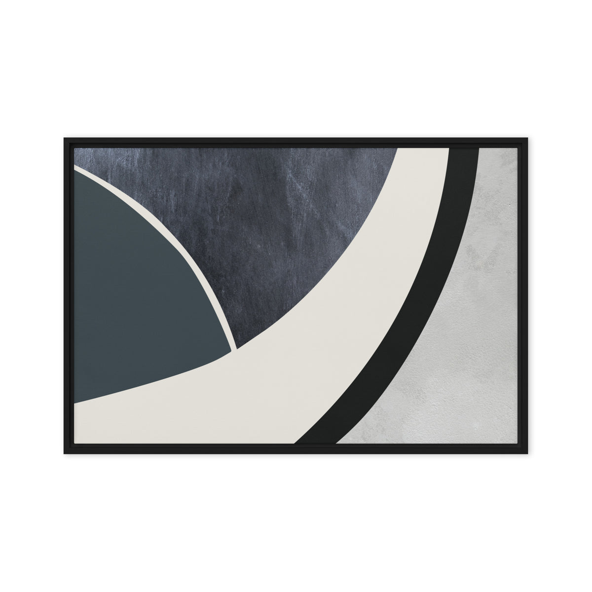 FORM 07 framed abstract canvas print, black frame, 20×30 in — a sweeping curve through indigo, teal, and pale stone | ACAYA Studio FORM Series