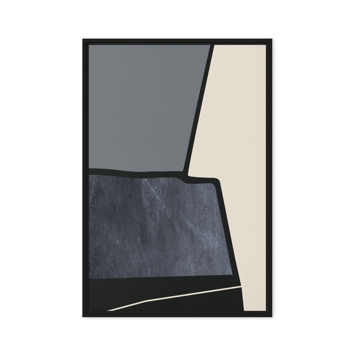 FORM 10 framed abstract canvas print, black frame, 20×30 in — torn black edge dividing slate-gray, cream, and scratched slate-blue | ACAYA Studio FORM Series
