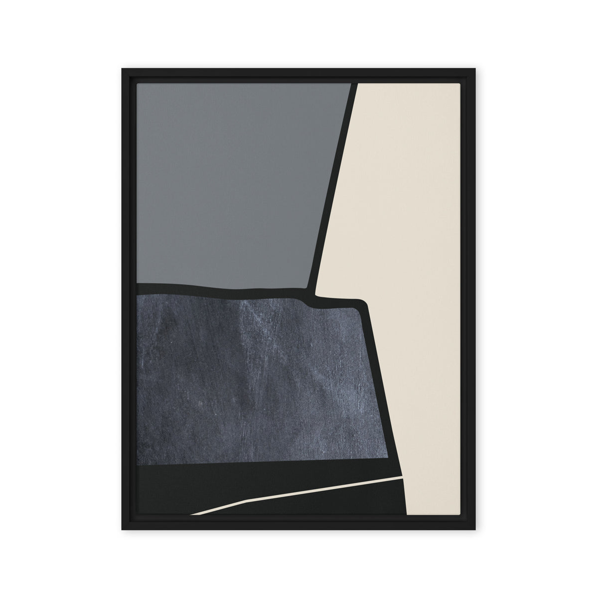 FORM 10 framed abstract canvas print, black frame, 24×32 in — torn black edge dividing slate-gray, cream, and scratched slate-blue | ACAYA Studio FORM Series