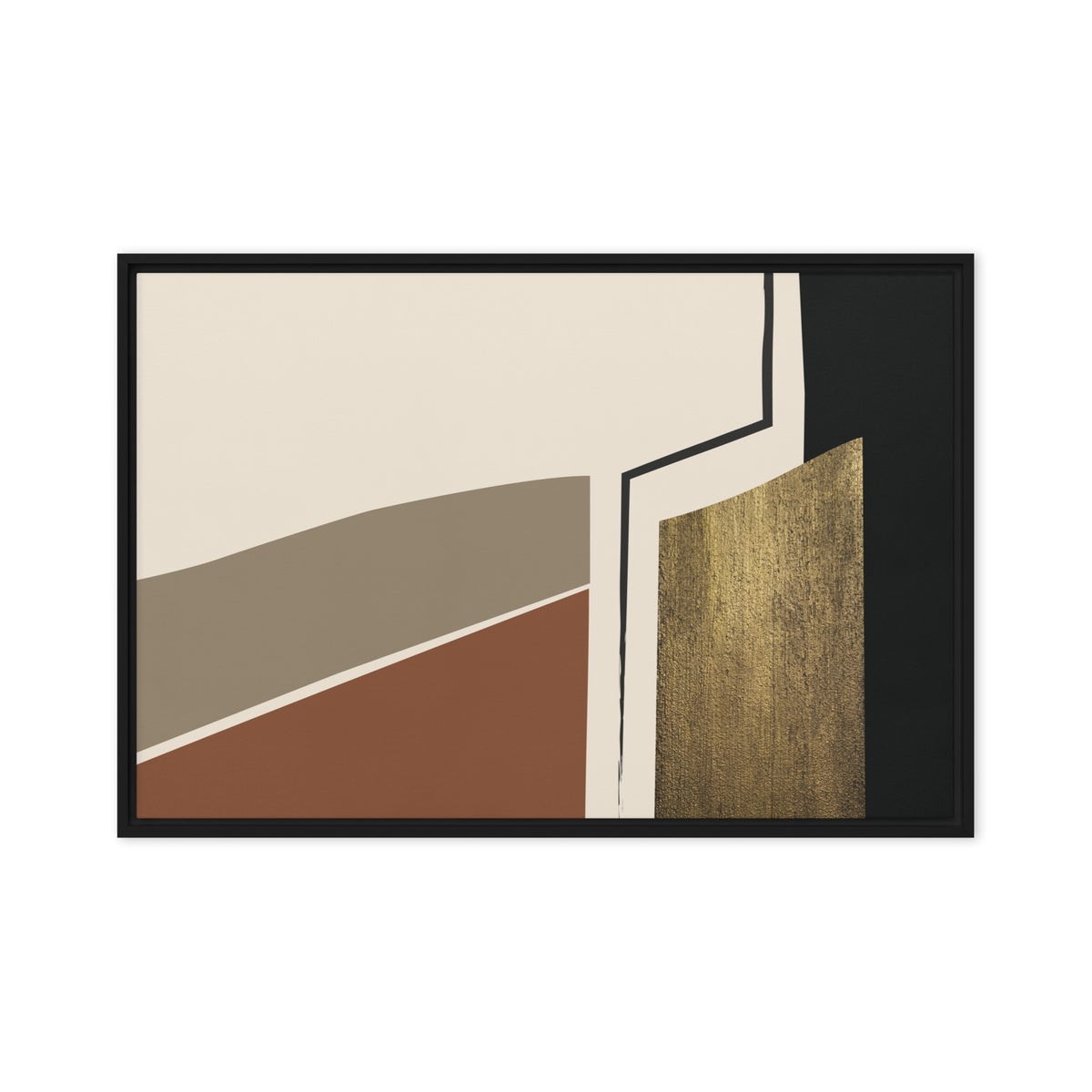 FORM 01 framed abstract canvas print, black frame, 24×36 in — stone and rust ochre bands with a gilded metallic column | ACAYA Studio FORM Series