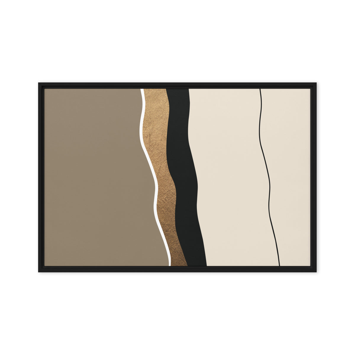 FORM 05 framed abstract canvas print, black frame, 24×36 in — a hand-worked metallic gold seam through taupe and black | ACAYA Studio FORM Series