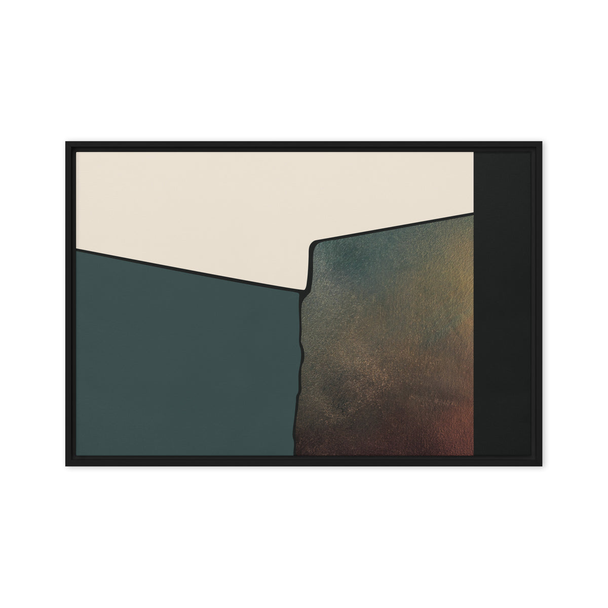 FORM 06 framed abstract canvas print, black frame, 24×36 in — forest green meeting a warm metallic gold reveal | ACAYA Studio FORM Series