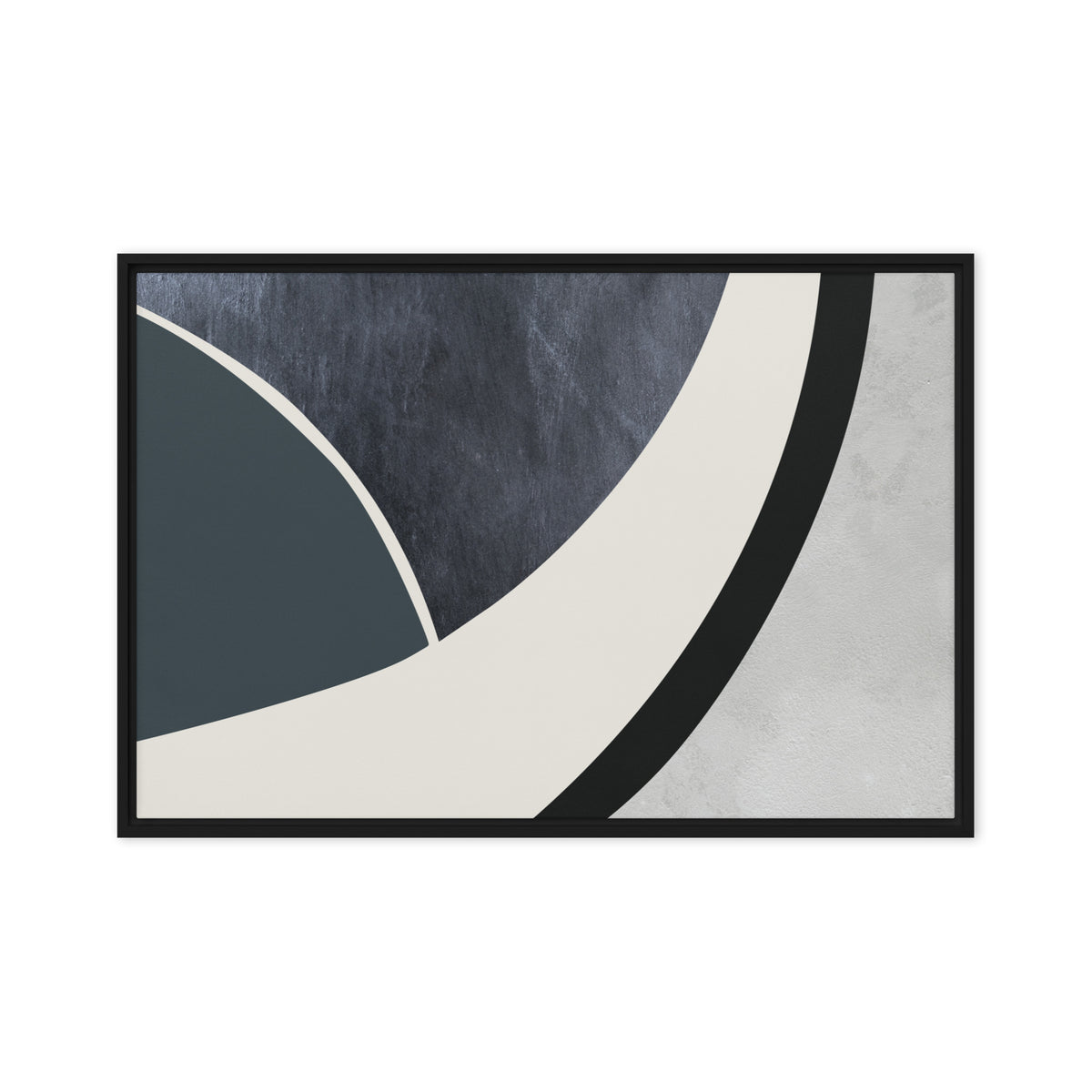 FORM 07 framed abstract canvas print, black frame, 24×36 in — a sweeping curve through indigo, teal, and pale stone | ACAYA Studio FORM Series