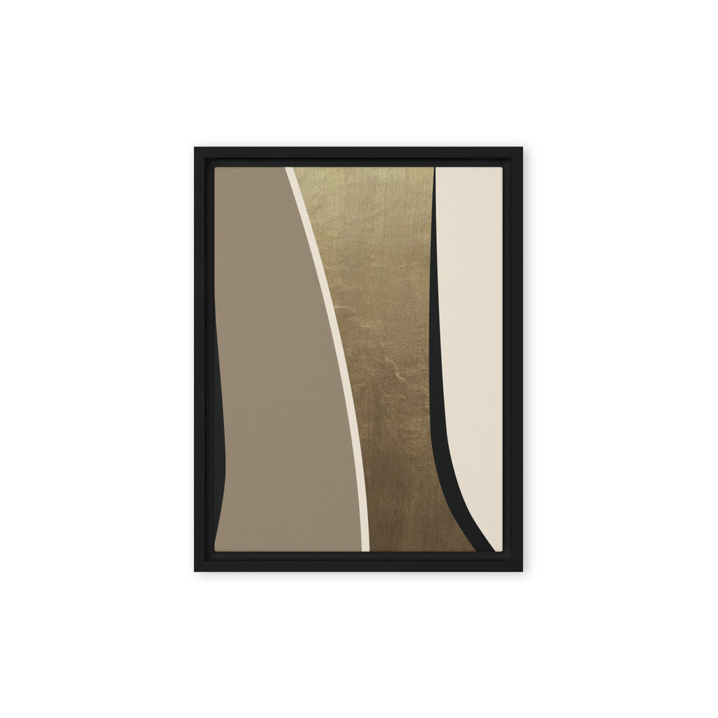 FORM 08 framed abstract canvas print, black frame, 9×12 in — black and taupe bands parting around a metallic gold channel | ACAYA Studio FORM Series
