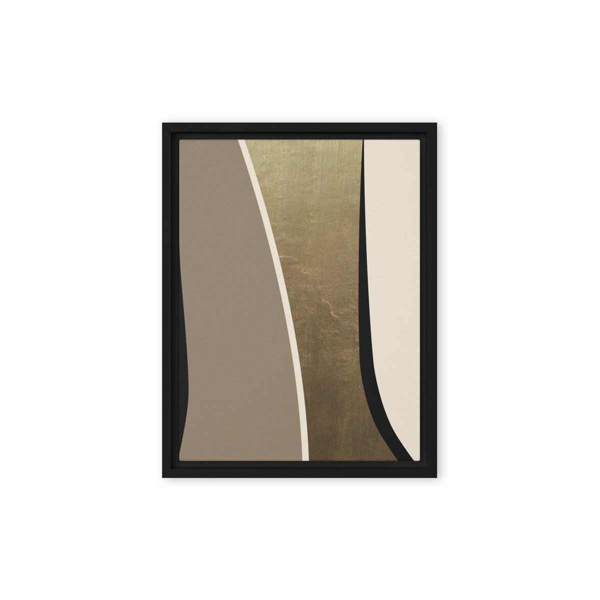 FORM 08 framed abstract canvas print, black frame, 9×12 in — black and taupe bands parting around a metallic gold channel | ACAYA Studio FORM Series