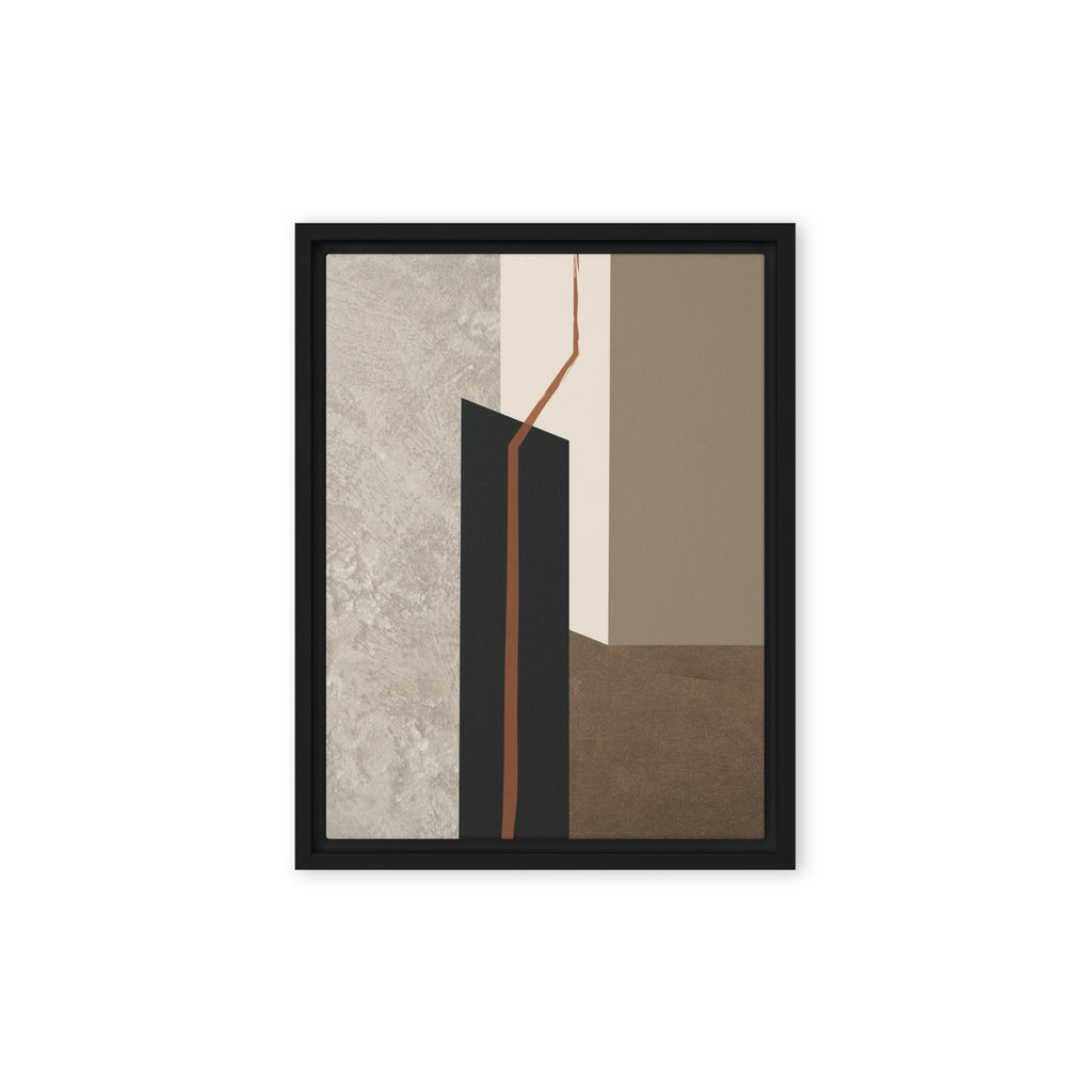 FORM 09 framed abstract canvas print, black frame, 9×12 in — rust-orange fault line through black, cream, taupe, and metallic bronze | ACAYA Studio FORM Series