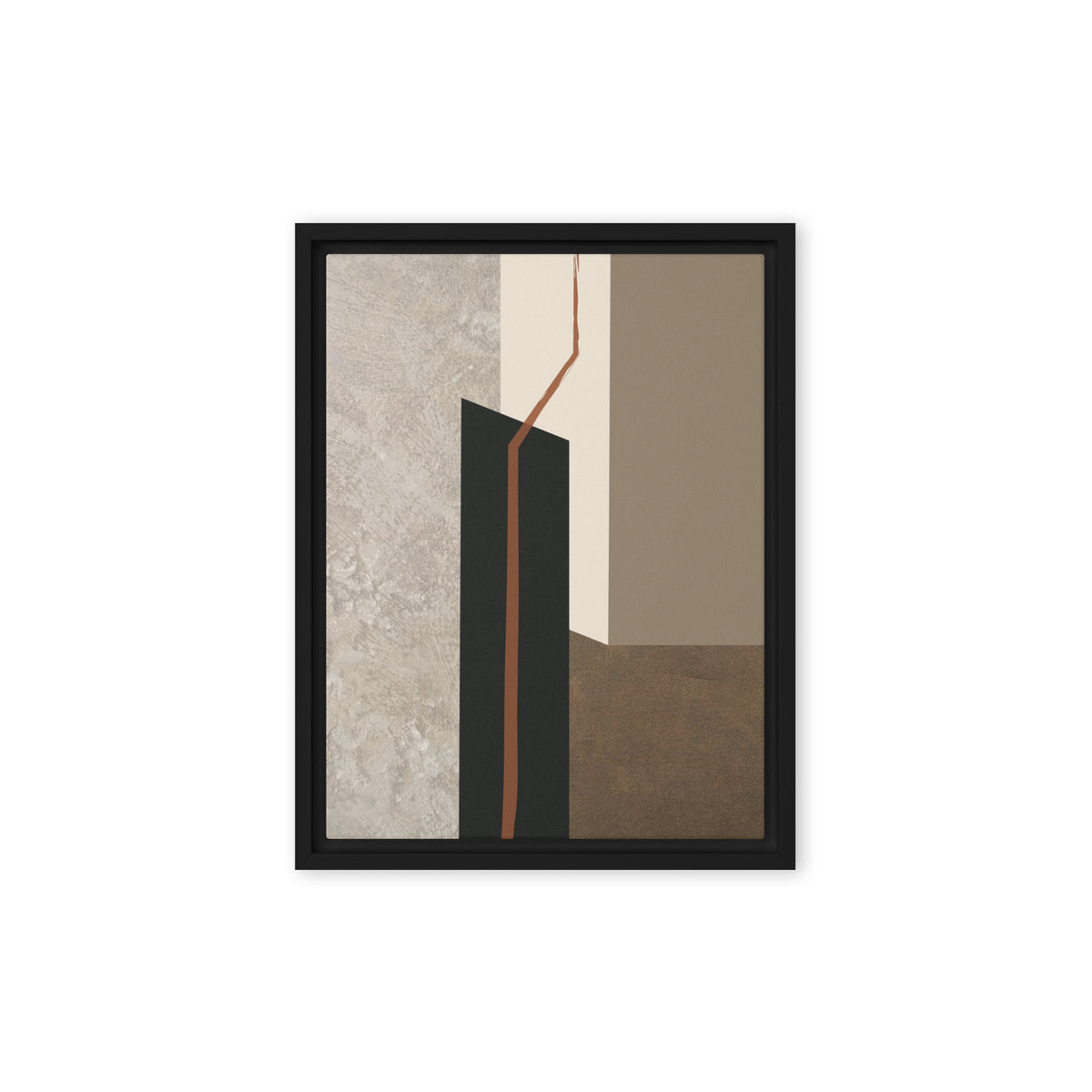 FORM 09 framed abstract canvas print, black frame, 9×12 in — rust-orange fault line through black, cream, taupe, and metallic bronze | ACAYA Studio FORM Series