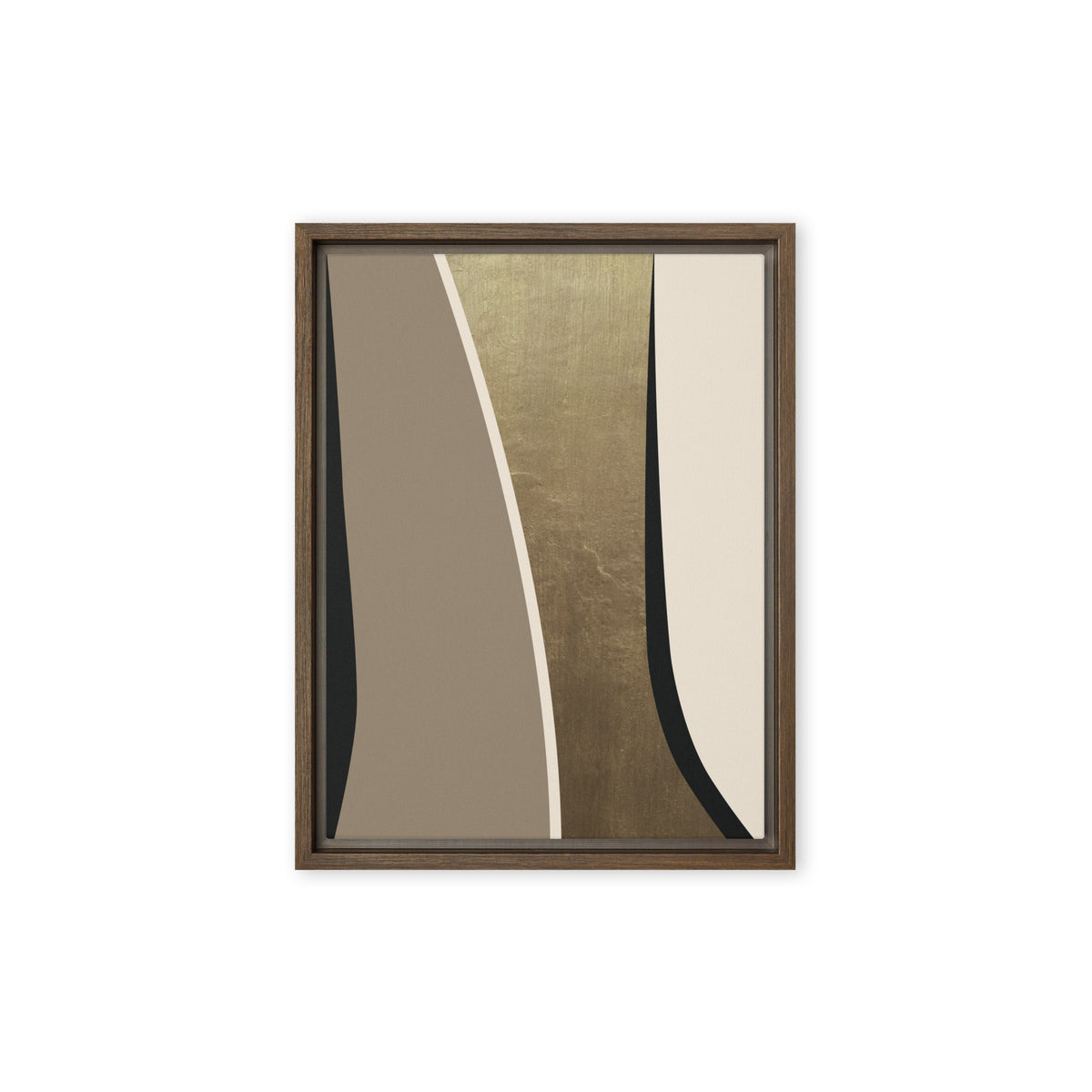 FORM 08 framed abstract canvas print, brown frame, 12×16 in — black and taupe bands parting around a metallic gold channel | ACAYA Studio FORM Series