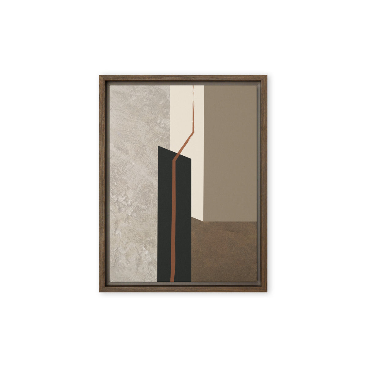 FORM 09 framed abstract canvas print, brown frame, 12×16 in — rust-orange fault line through black, cream, taupe, and metallic bronze | ACAYA Studio FORM Series