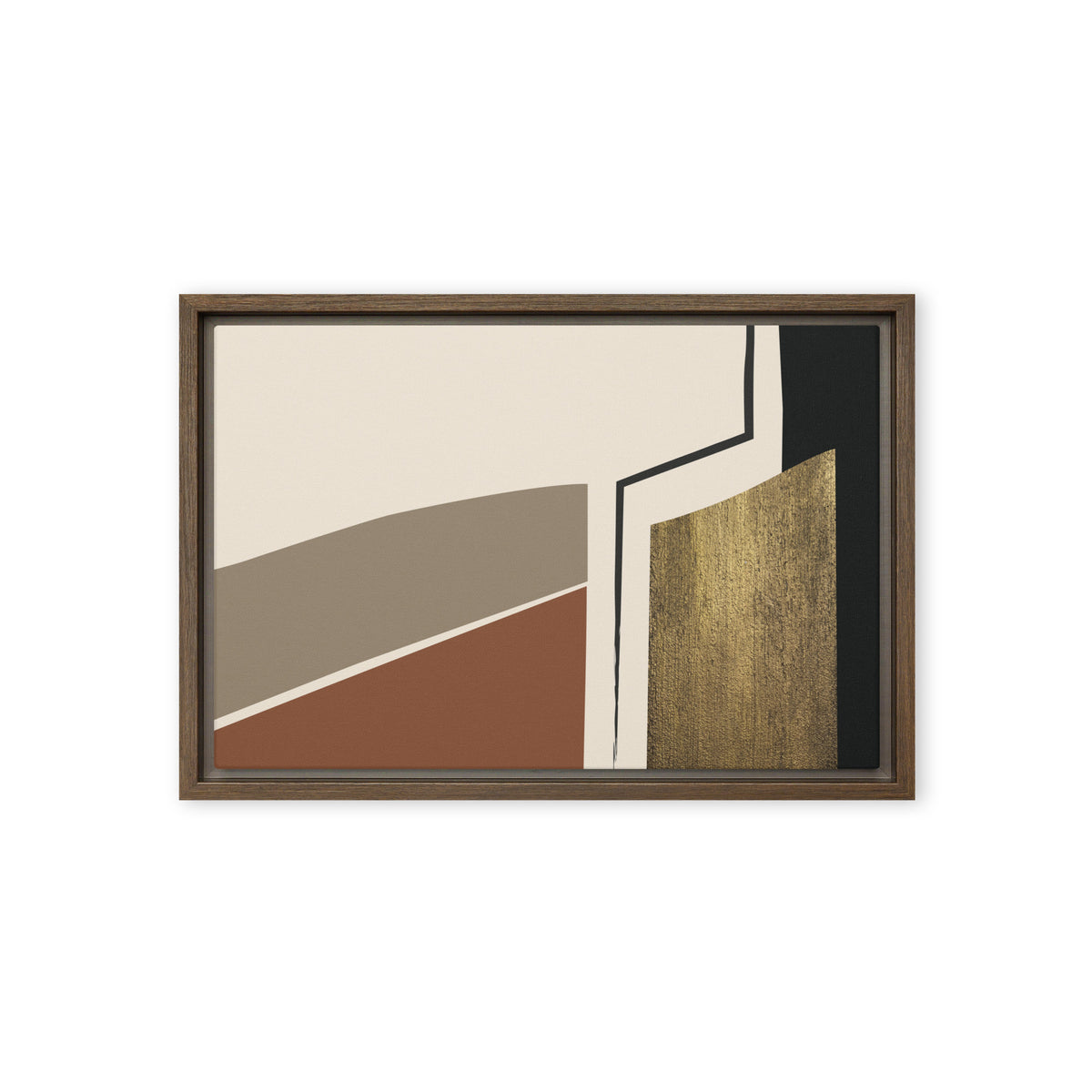 FORM 01 framed abstract canvas print, brown frame, 12×18 in — stone and rust ochre bands with a gilded metallic column | ACAYA Studio FORM Series