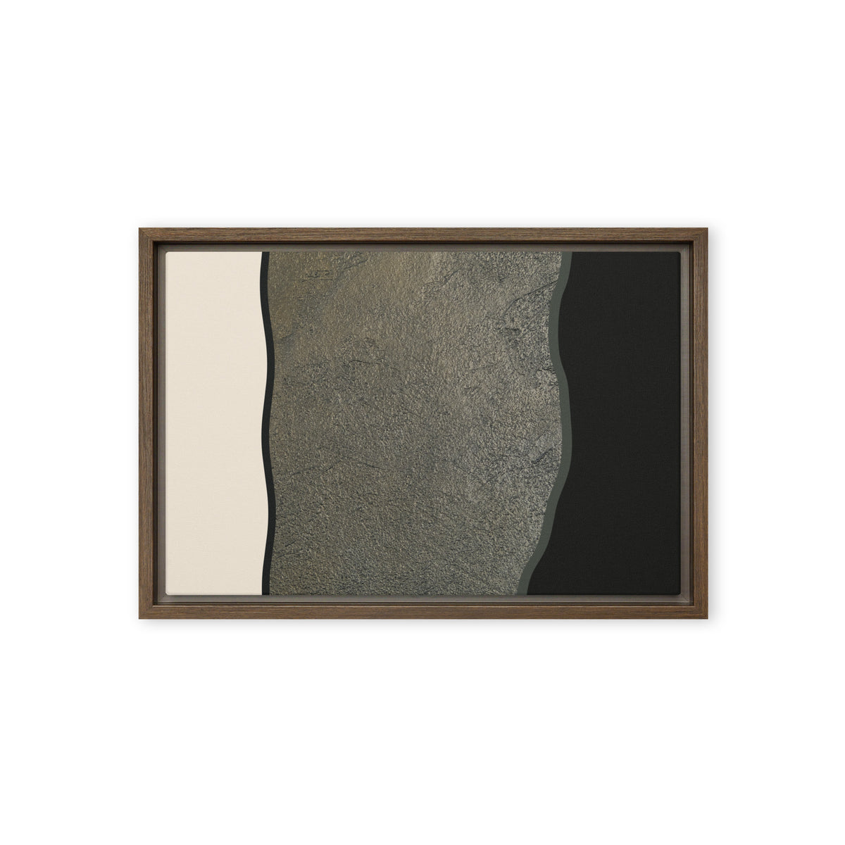 FORM 02 framed abstract canvas print, brown frame, 12×18 in — silver and gold metallic band across cream and black | ACAYA Studio FORM Series