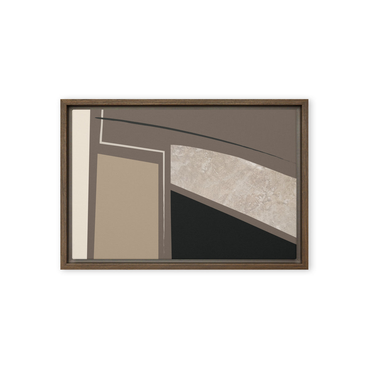 FORM 04 framed abstract canvas print, brown frame, 12×18 in — a dark line arcing over fractured stone and neutral tones | ACAYA Studio FORM Series