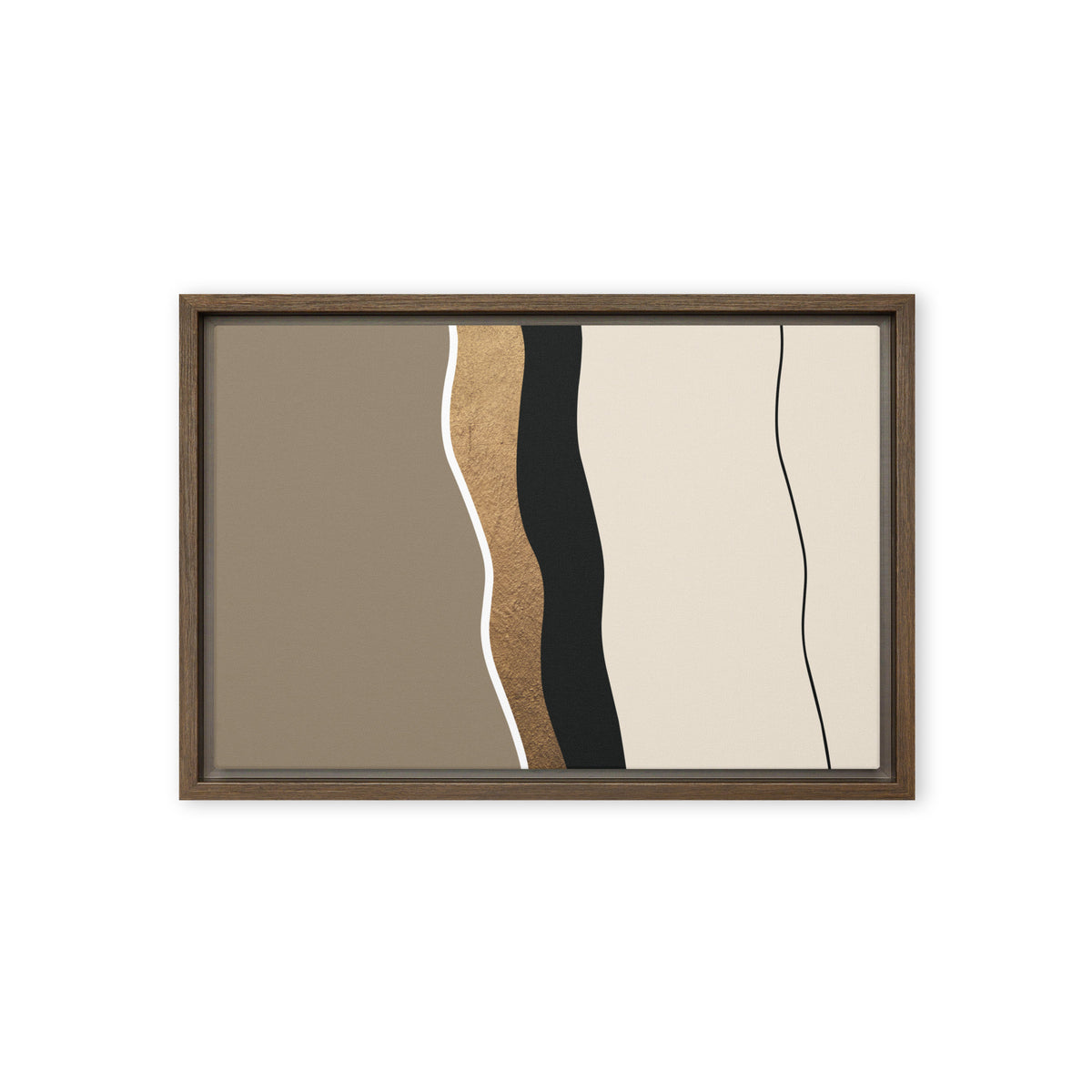 FORM 05 framed abstract canvas print, brown frame, 12×18 in — a hand-worked metallic gold seam through taupe and black | ACAYA Studio FORM Series