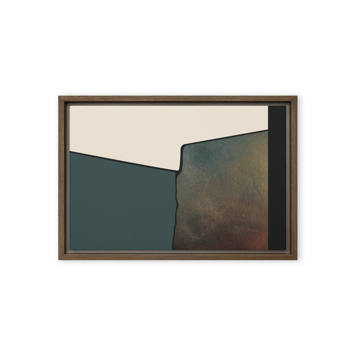 FORM 06 framed abstract canvas print, brown frame, 12×18 in — forest green meeting a warm metallic gold reveal | ACAYA Studio FORM Series
