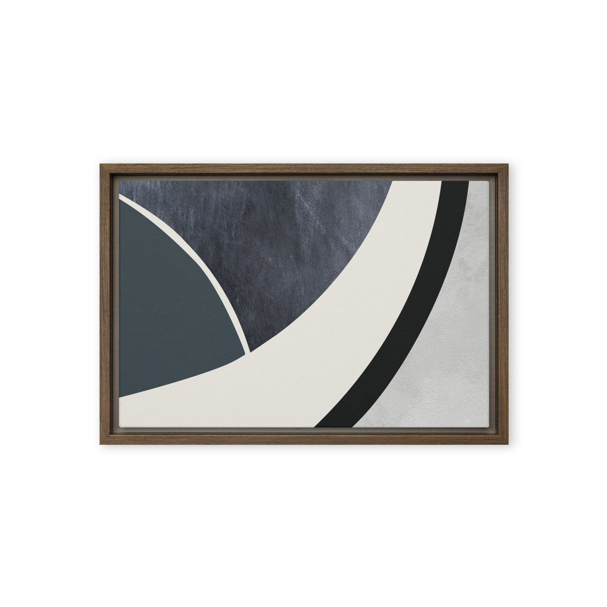 FORM 07 framed abstract canvas print, brown frame, 12×18 in — a sweeping curve through indigo, teal, and pale stone | ACAYA Studio FORM Series