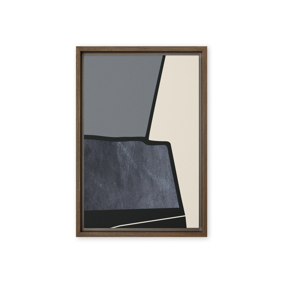 FORM 10 framed abstract canvas print, brown frame, 12×18 in — torn black edge dividing slate-gray, cream, and scratched slate-blue | ACAYA Studio FORM Series