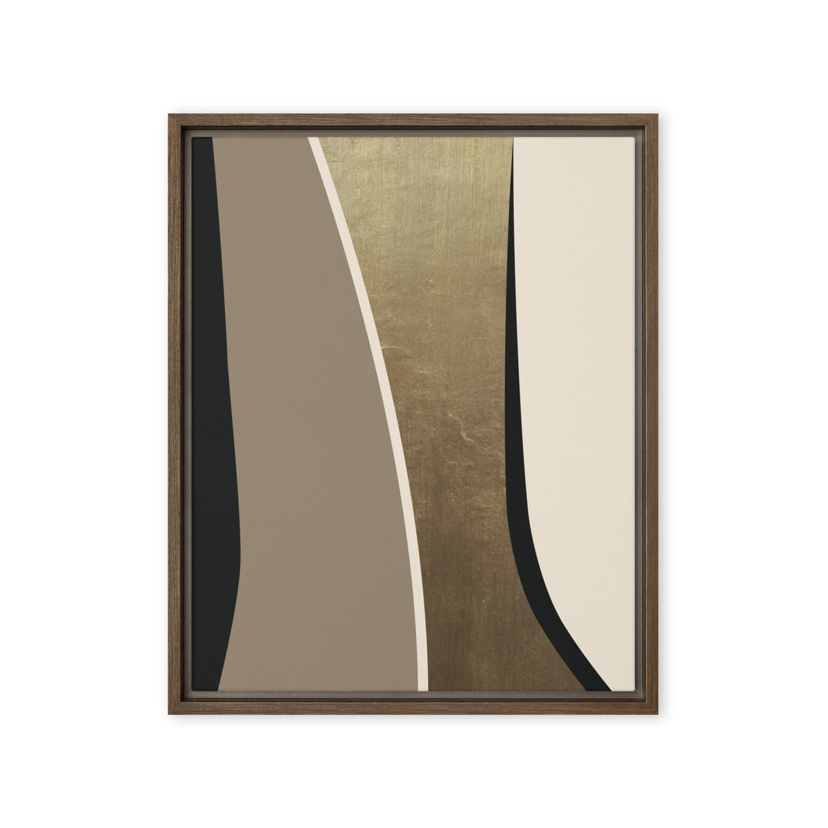 FORM 08 framed abstract canvas print, brown frame, 16×20 in — black and taupe bands parting around a metallic gold channel | ACAYA Studio FORM Series