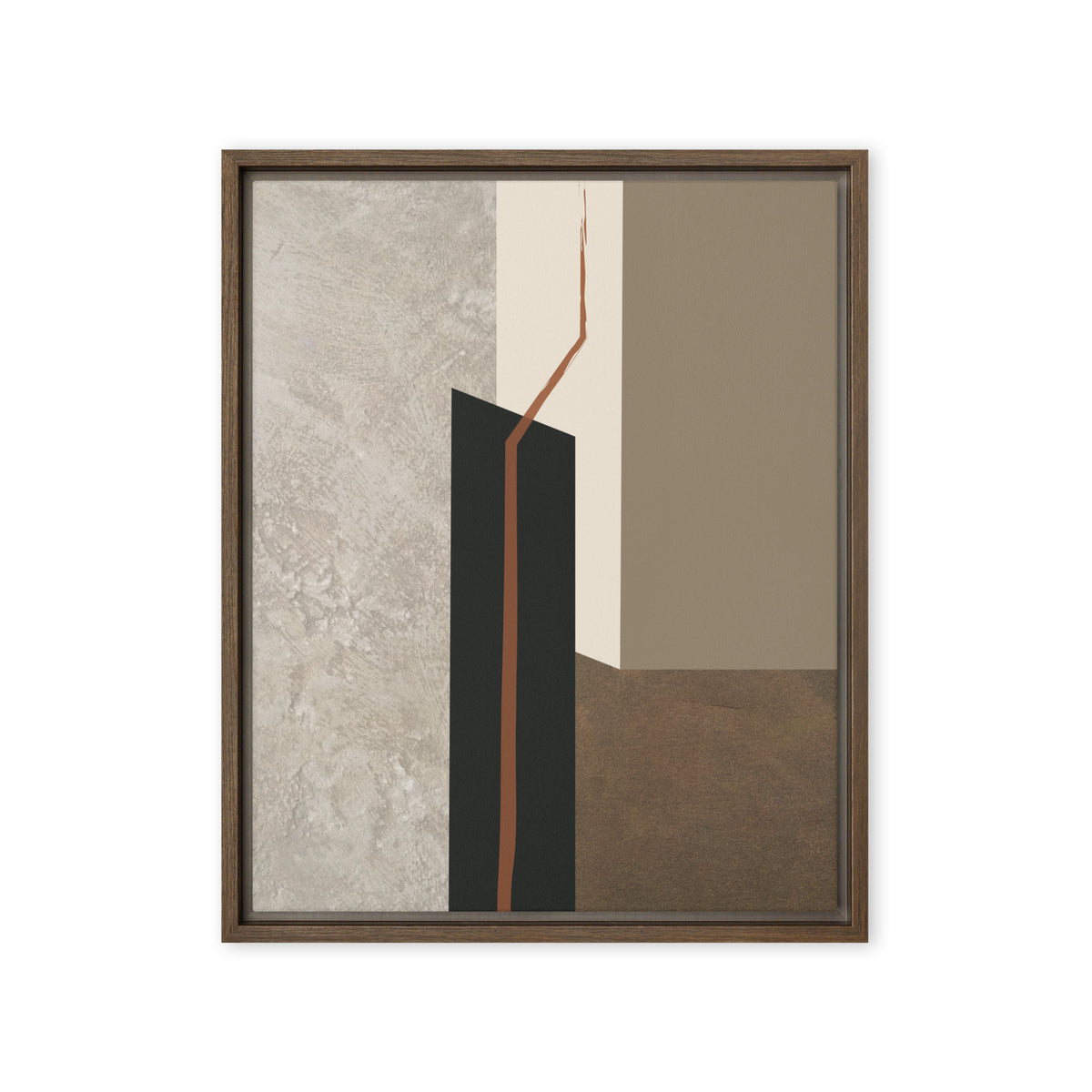 FORM 09 framed abstract canvas print, brown frame, 16×20 in — rust-orange fault line through black, cream, taupe, and metallic bronze | ACAYA Studio FORM Series