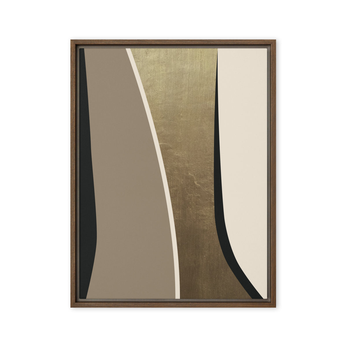 FORM 08 framed abstract canvas print, brown frame, 18×24 in — black and taupe bands parting around a metallic gold channel | ACAYA Studio FORM Series