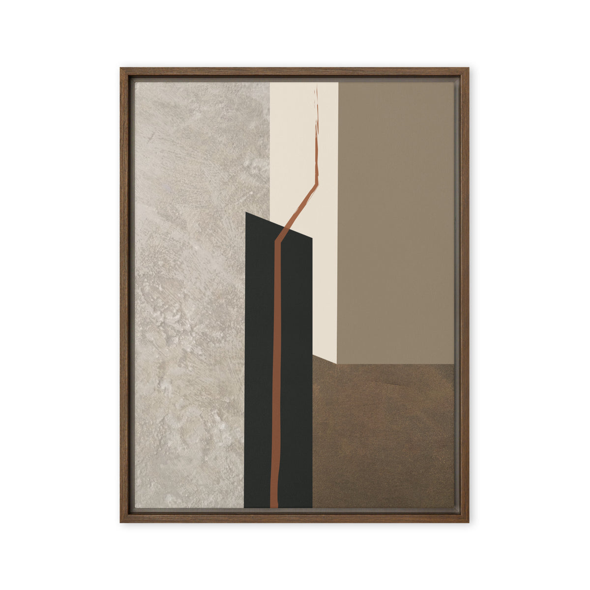 FORM 09 framed abstract canvas print, brown frame, 18×24 in — rust-orange fault line through black, cream, taupe, and metallic bronze | ACAYA Studio FORM Series