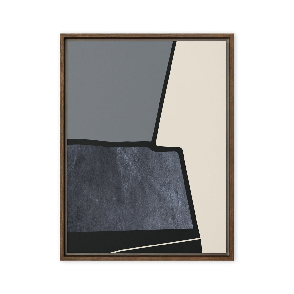 FORM 10 framed abstract canvas print, brown frame, 18×24 in — torn black edge dividing slate-gray, cream, and scratched slate-blue | ACAYA Studio FORM Series