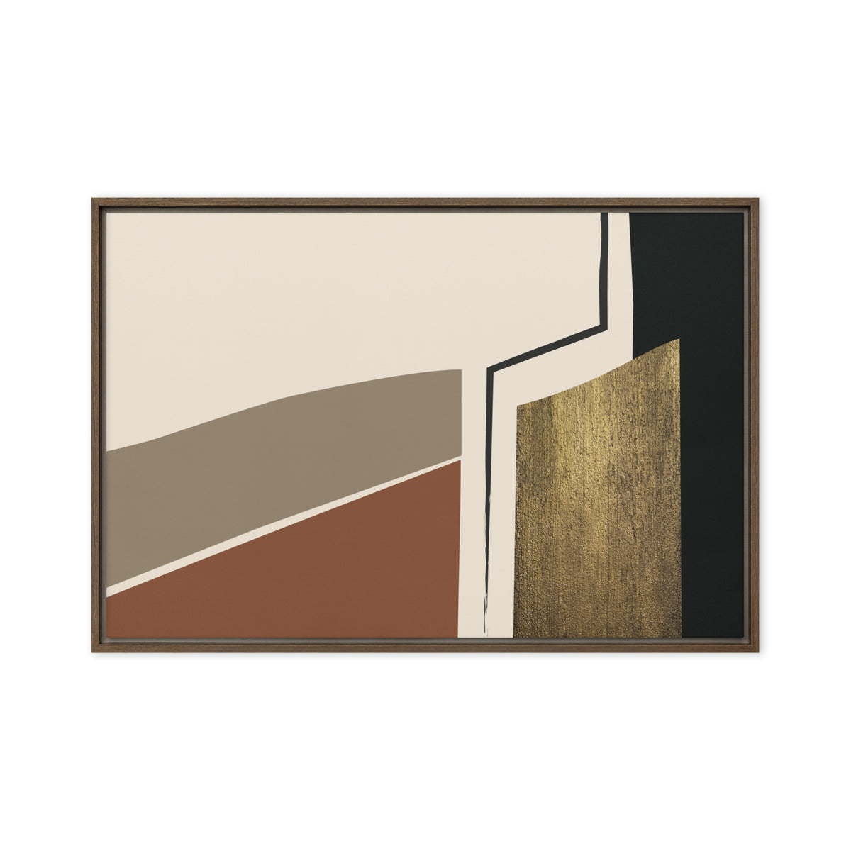 FORM 01 framed abstract canvas print, brown frame, 20×30 in — stone and rust ochre bands with a gilded metallic column | ACAYA Studio FORM Series