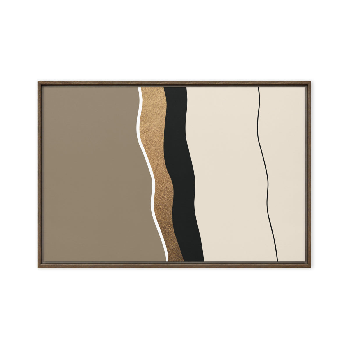 FORM 05 framed abstract canvas print, brown frame, 20×30 in — a hand-worked metallic gold seam through taupe and black | ACAYA Studio FORM Series