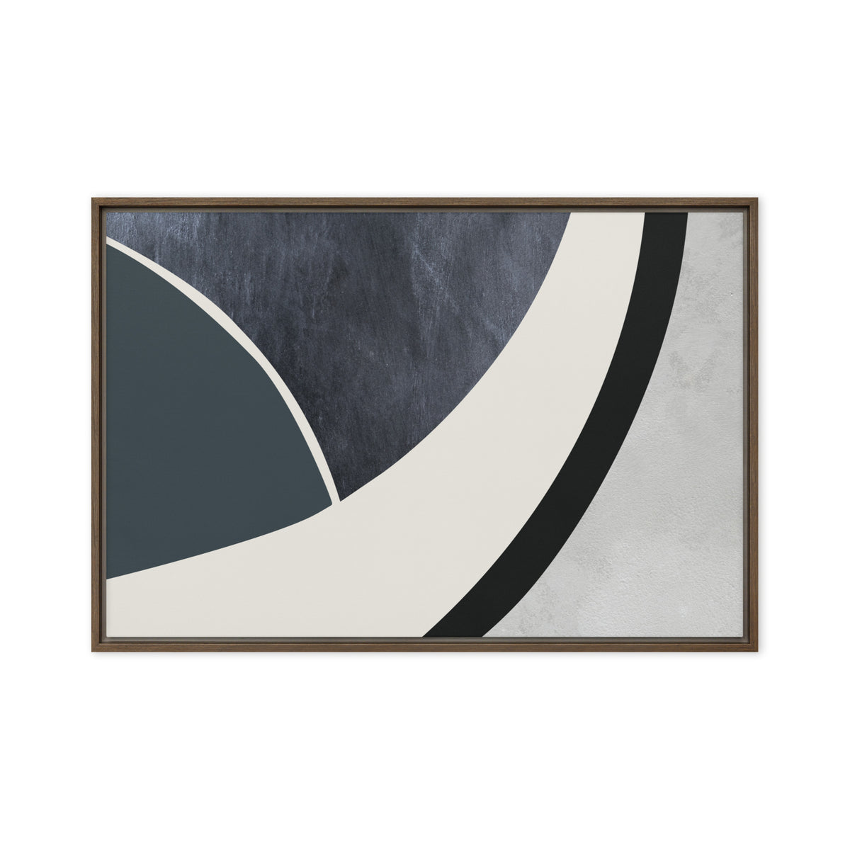 FORM 07 framed abstract canvas print, brown frame, 20×30 in — a sweeping curve through indigo, teal, and pale stone | ACAYA Studio FORM Series