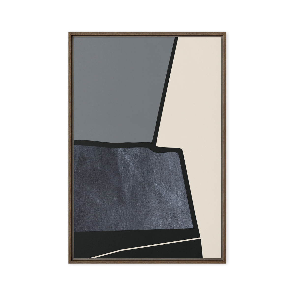 FORM 10 framed abstract canvas print, brown frame, 20×30 in — torn black edge dividing slate-gray, cream, and scratched slate-blue | ACAYA Studio FORM Series