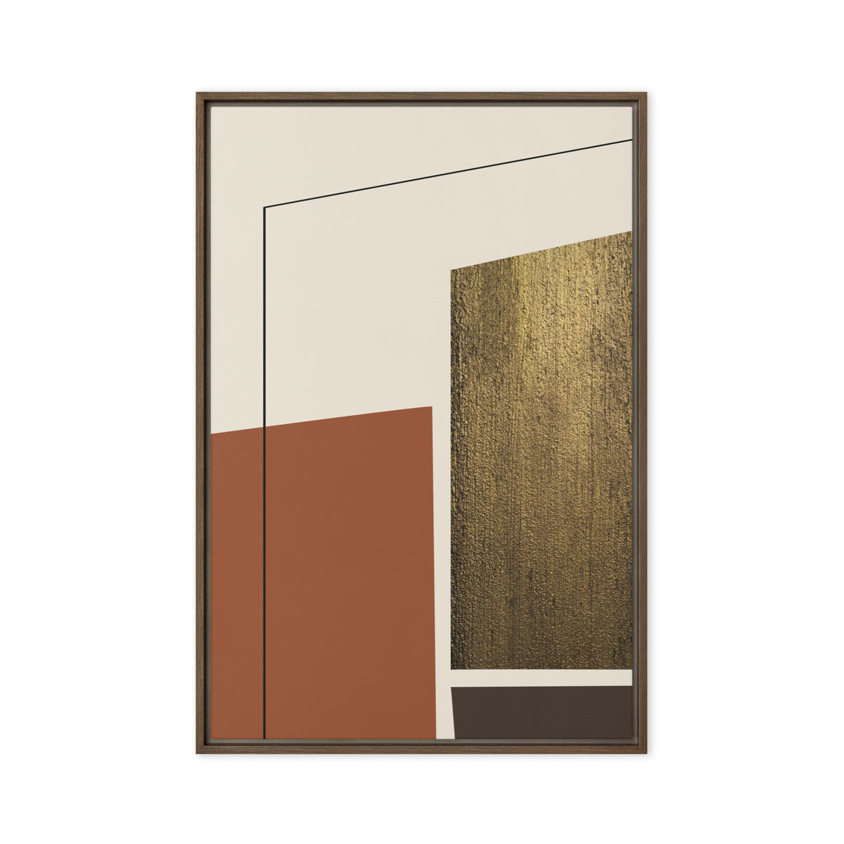 FORM 11 framed abstract canvas print, brown frame, 20×30 in — hand-drawn architectural line over terracotta and brushed gold | ACAYA Studio FORM Series