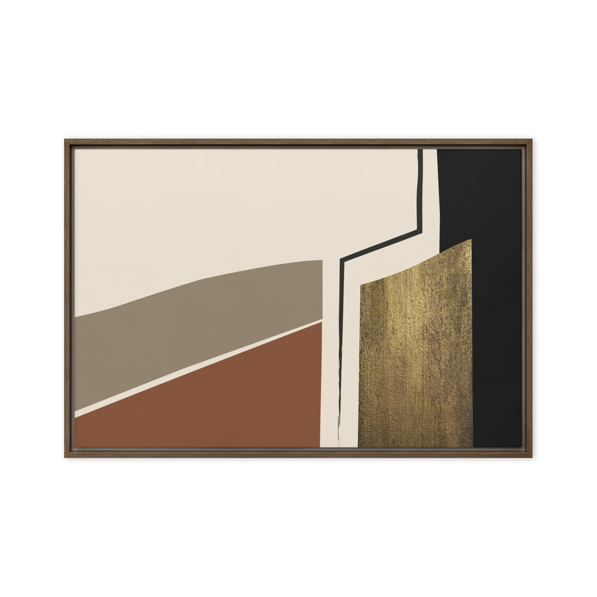 FORM 01 framed abstract canvas print, brown frame, 24×36 in — stone and rust ochre bands with a gilded metallic column | ACAYA Studio FORM Series