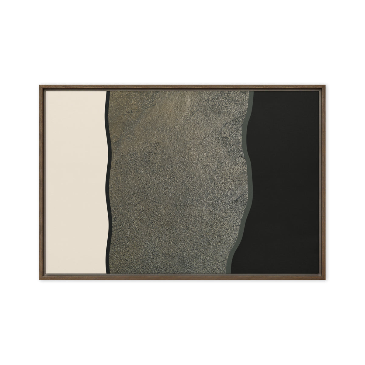 FORM 02 framed abstract canvas print, brown frame, 24×36 in — silver and gold metallic band across cream and black | ACAYA Studio FORM Series