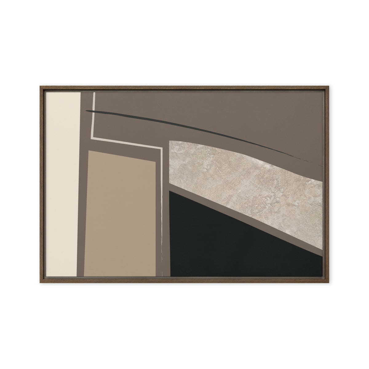 FORM 04 framed abstract canvas print, brown frame, 24×36 in — a dark line arcing over fractured stone and neutral tones | ACAYA Studio FORM Series