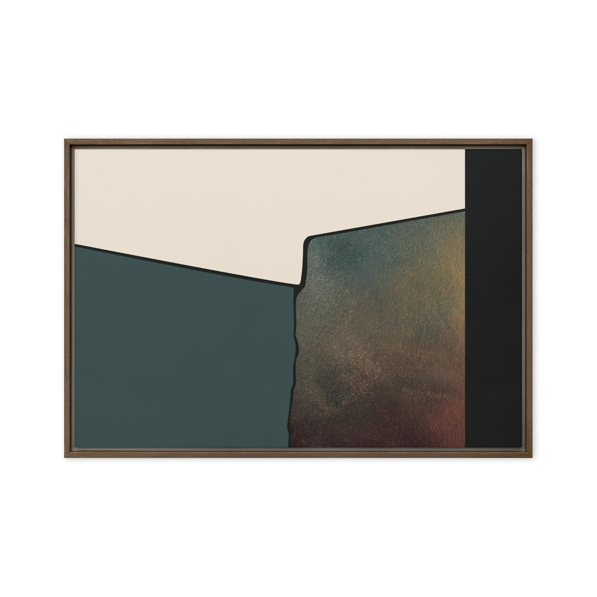 FORM 06 framed abstract canvas print, brown frame, 24×36 in — forest green meeting a warm metallic gold reveal | ACAYA Studio FORM Series