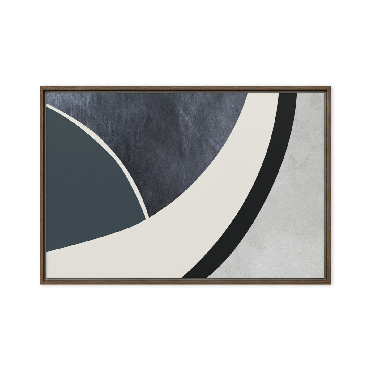 FORM 07 framed abstract canvas print, brown frame, 24×36 in — a sweeping curve through indigo, teal, and pale stone | ACAYA Studio FORM Series