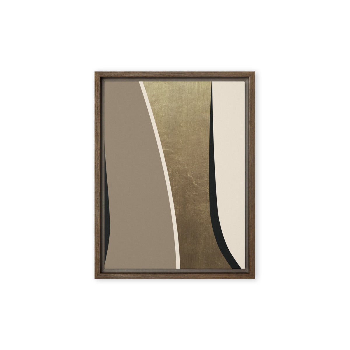 FORM 08 framed abstract canvas print, brown frame, 9×12 in — black and taupe bands parting around a metallic gold channel | ACAYA Studio FORM Series