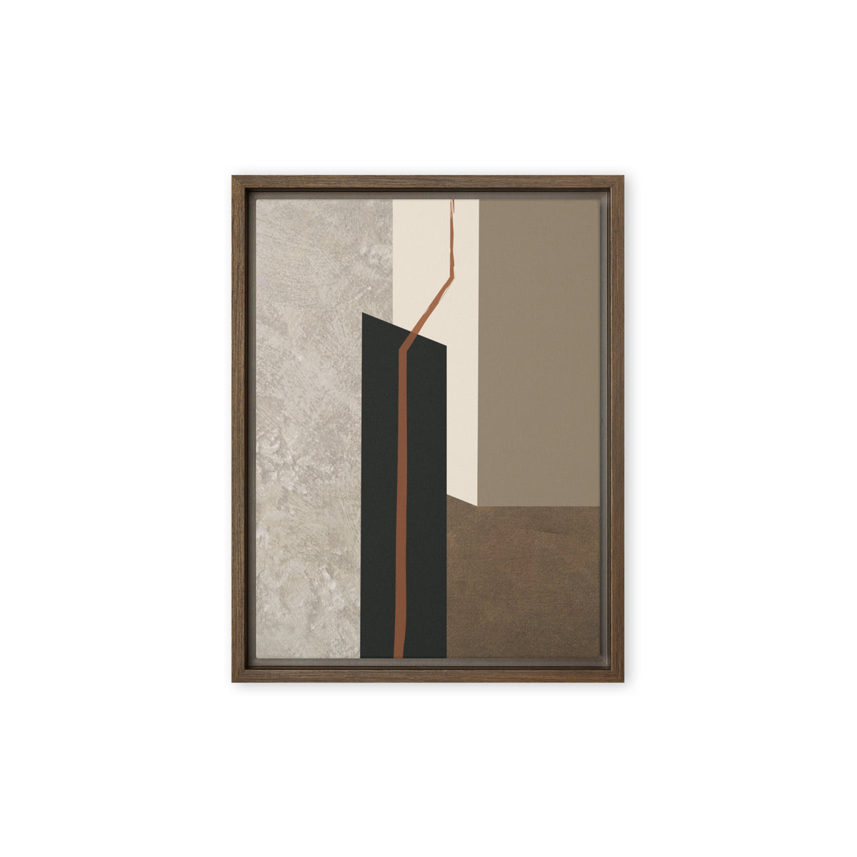 FORM 09 framed abstract canvas print, brown frame, 9×12 in — rust-orange fault line through black, cream, taupe, and metallic bronze | ACAYA Studio FORM Series