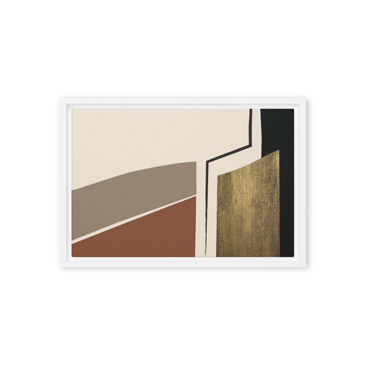 FORM 01 framed abstract canvas print, white frame, 12×18 in — stone and rust ochre bands with a gilded metallic column | ACAYA Studio FORM Series